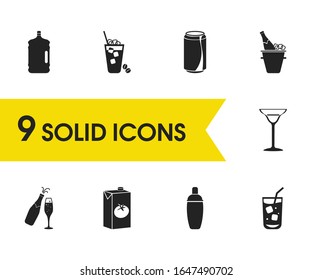 Drink icons set with shaker, large bottle water and fizz elements. Set of drink icons and drink container concept. Editable vector elements for logo app UI design.