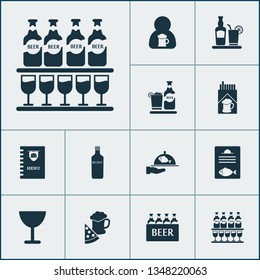 Drink icons set with spacing, cigarette, waiter and other stand of glasses elements. Isolated vector illustration drink icons.