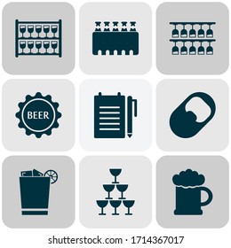 Iconos para tomar con soporte con gafas, cerveza, elementos de la caja de apertura. Iconos de bebidas de ilustraciones vectoriales aisladas.