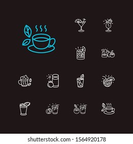 Drink icons set. Strawberry colada and drink icons with coconut cocktail, natural drink and orange juice. Set of vegetable for web app logo UI design.