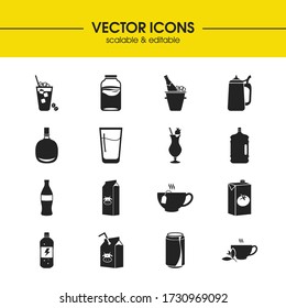 Drink icons set with drink, strawberry colada and beer steins elements. Set of drink icons and beverage concept. Editable vector elements for logo app UI design.