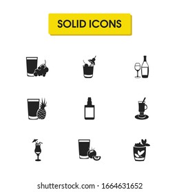 Drink icons set with tomato juice, blue hawAI and mocha elements. Set of drink icons and rum concept. Editable vector elements for logo app UI design.