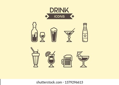 Drink icons set vector illustration - wine, cocktail, martini, brandy, margarita.