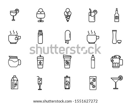 drink icons set vector illustration. Contains such icon as ice cream, cofee, beer, juice, and more. Editable stroke