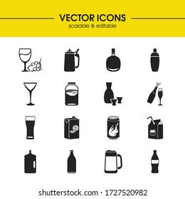 Drink icons set with wheat beer glass, orange juice and shaker elements. Set of drink icons and draught concept. Editable vector elements for logo app UI design.