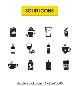 Drink icons set with whiskey bottle, fresh juice and coffee with cream elements. Set of drink icons and aperitif concept. Editable vector elements for logo app UI design.