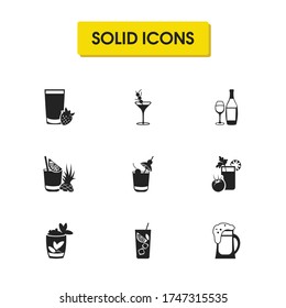 Drink icons set with white wine, bloody mary cocktail and beverage elements. Set of drink icons and manhattan cocktail concept. Editable vector elements for logo app UI design.
