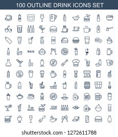 drink icons. Trendy 100 drink icons. Contain icons such as bottle, burger, beer can, coffee and croissant, glasses clink, cup with heart, champagne. drink icon for web and mobile.