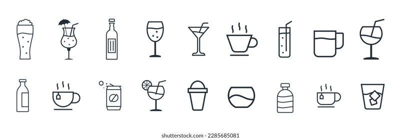 Drink Icons Vector illustration set. Tea, Coffee, Cocoa, Cups, bottle, glass, and more