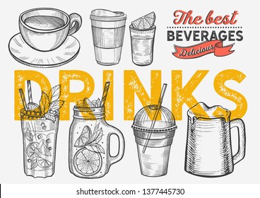 Drink illustration - coffee, mojito, smoothie, beer, cocktail for restaurant. Vector hand drawn poster for food cafe and drink truck. Design with lettering and doodle vintage graphic.