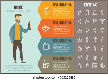 Drink infographic options template, elements and icons. Infograph includes line icon set with bar drinks, alcohol beverage, variety of glasses and bottles, non-alcoholic beverages, hot drinks etc.