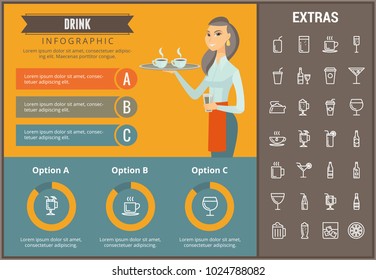 Drink infographic template, elements and icons. Infograph includes customizable graphs, charts, line icon set with bar drinks, alcohol beverage, variety of glasses, non-alcoholic beverages etc.