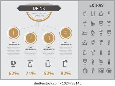 Drink infographic template, elements and icons. Infograph includes numbered customizable charts, line icon set with bar drinks, alcohol beverage, variety of glasses, non-alcoholic beverages etc.