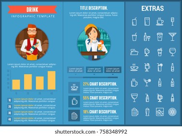 Drink infographic template, elements and icons. Infograph includes customizable charts, graphs, line icon set with bar drinks, alcohol beverage, variety of glasses, non-alcoholic beverages etc.