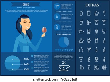 Drink infographic template, elements and icons. Infograph includes customizable graphs, charts, line icon set with bar drinks, alcohol beverage, variety of glasses, non-alcoholic beverages etc.