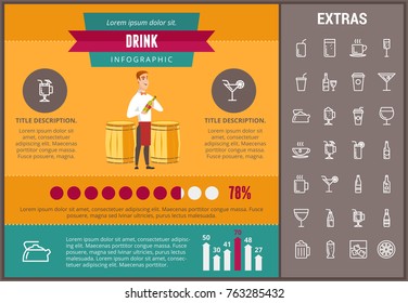 Drink infographic template, elements and icons. Infograph includes customizable graphs, charts, line icon set with bar drinks, alcohol beverage, variety of glasses, non-alcoholic beverages etc.