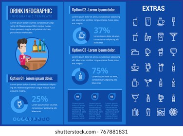 Drink infographic template, elements and icons. Infograph includes customizable graphs, charts, line icon set with bar drinks, alcohol beverage, variety of glasses, non-alcoholic beverages etc.