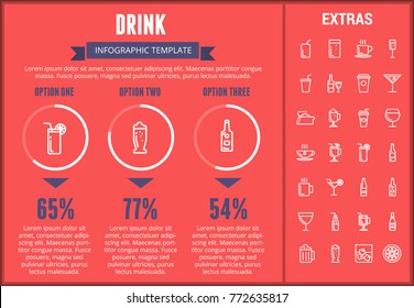 Drink infographic template, elements and icons. Infograph includes customizable graphs, three options, line icon set with bar drinks, alcohol beverage, variety of glasses, non-alcoholic beverages etc.