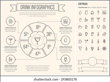 Drink infographic template and elements. The template includes the following set of icons - coffe, juice, water, cold, ice, hot, choco, cocktail, beer, cherry, tea, soda and more. Modern minimalistic