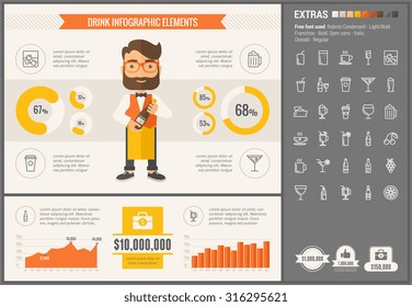 Drink infographic template and elements. The template includes illustrations of hipster men and huge awesome set of thin line icons. Modern minimalistic flat vector design.