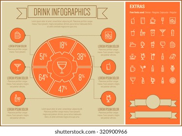 Drink infographic template and elements. The template includes the following set of icons - champagne, orange jiuce, hot choco, liquor, martini, tea, shake and more. Modern minimalistic flat thin line
