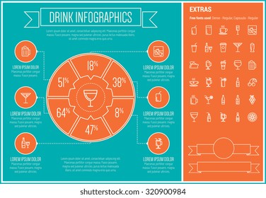Drink infographic template and elements. The template includes the following set of icons - coffee, whisky, wine, cocktail, water, shake, hot choco and more. Modern minimalistic flat thin line vector