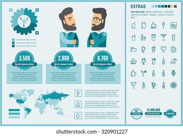 Drink infographic template and elements. The template includes illustrations of hipster men and huge awesome set of thin line icons. Modern minimalistic flat vector design.