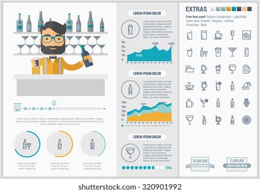 Drink infographic template and elements. The template includes illustrations of hipster men and huge awesome set of thin line icons. Modern minimalistic flat vector design.