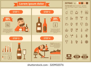 Drink infographic template and elements. The template includes illustrations of hipster men and huge awesome set of thin line icons. Modern minimalistic flat vector design.