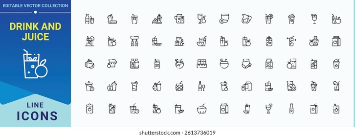 Drink And Juice icon set. Contain linear symbols alcohol, wine, restaurant, beer, drink, cocktail and more. Minimal icons collection. Drinks icon set. Vector artwork and illustration.
