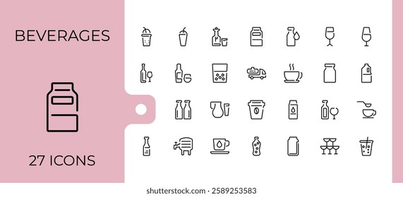 Drink And Juice line icon. Contain linear outline icons party, lemon, soda, cold, coconut, hot, champagne, ice. Pixel perfect. Vector icon and illustration.