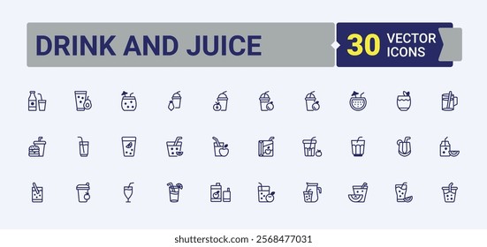 Drink And Juice line icons set. It contains symbols to food, bubble tea, lemon, soda, juice, milk, menu, party. Minimalistic icon. Editable vector outline and solid icons.