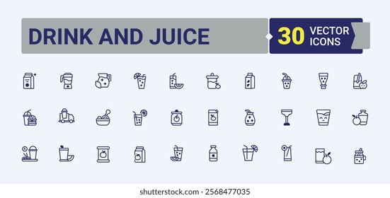 Drink And Juice line icons set. It contains symbols to food, bubble tea, lemon, soda, juice, milk, menu, party. Minimalistic icon. Editable vector outline and solid icons.