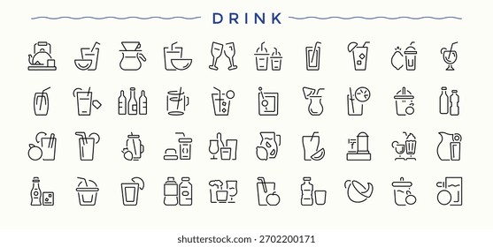 Drink And Juice linear icon set. Juice minimalist icons collection. Line icons with editable stroke. Alcohol vector icon set. Vector illustration.
