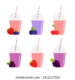 Drink - Juice and Smoothie - Flat Vector Icon Set - Mixed Berries, Blueberry, Cherry, Acai, Strawberry and Grape Beverages in Plastic Cups with Lids and Straws Isolated on White Background