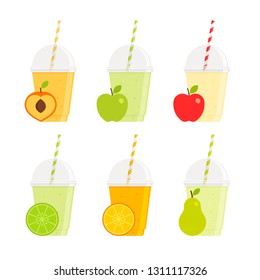 Drink - Juice and Smoothie - Flat Vector Icon Set - Peach, Apple, Lemon, Orange and Pear Beverages in Plastic Cups with Lids and Straws Isolated on White Background