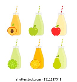 Drink - Juice and Smoothie - Flat Vector Icon Set - Peach, Apple, Lemon, Orange and Pear Beverages in Glass Bottles with Straws Isolated on White Background
