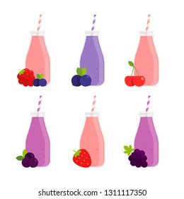 Drink - Juice and Smoothie - Flat Vector Icon Set - Mixed Berries, Blueberry, Cherry, Acai, Strawberry and Grape Beverages in Glass Bottles with Straws Isolated on White Background