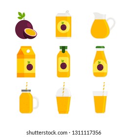 Drink - Juice and Smoothie - Flat Vector Icon Set - Passion Fruit Beverage in Can, Carton, Glass Bottle, Plastic Bottle, Jar, Mason Jar, Plastic Cup and Glass Cup Isolated on White Background