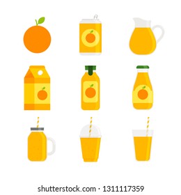 Drink - Juice and Smoothie - Flat Vector Icon Set - Orange Beverage in Can, Carton, Glass Bottle, Plastic Bottle, Jar, Mason Jar, Plastic Cup and Glass Cup Isolated on White Background