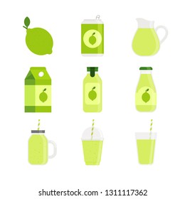 Drink - Juice and Smoothie - Flat Vector Icon Set - Lemonade in Can, Carton, Glass Bottle, Plastic Bottle, Jar, Mason Jar, Plastic Cup and Glass Cup Isolated on White Background