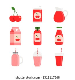 Drink - Juice and Smoothie - Flat Vector Icon Set - Cherry Beverage in Can, Carton, Glass Bottle, Plastic Bottle, Jar, Mason Jar, Plastic Cup and Glass Cup Isolated on White Background