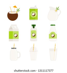 Drink - Juice and Smoothie - Flat Vector Icon Set - Coconut Beverage in Can, Carton, Glass Bottle, Plastic Bottle, Jar, Mason Jar, Plastic Cup and Glass Cup Isolated on White Background