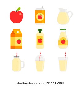 Drink - Juice and Smoothie - Flat Vector Icon Set - Red Apple Beverage in Can, Carton, Glass Bottle, Plastic Bottle, Jar, Mason Jar, Plastic Cup and Glass Cup Isolated on White Background