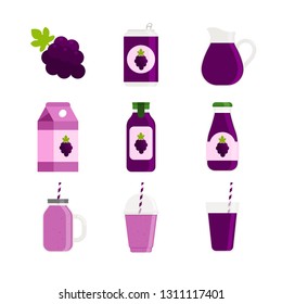 Drink - Juice and Smoothie - Flat Vector Icon Set - Grape Beverage in Can, Carton, Glass Bottle, Plastic Bottle, Jar, Mason Jar, Plastic Cup and Glass Cup Isolated on White Background