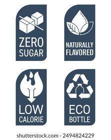 Drink labeling badges set - Zero sugar, Naturally flavored, Low calorie, Eco-friendly bottle. Vertical labels