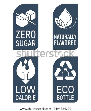 Drink labeling badges set - Zero sugar, Naturally flavored, Low calorie, Eco-friendly bottle. Vertical labels