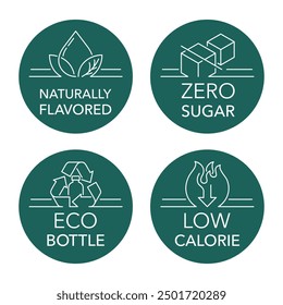 Drink labeling icons set - Naturally flavored, Zero sugar, Low calorie, Eco-friendly bottle. Pictograms in thin line and circle shapes