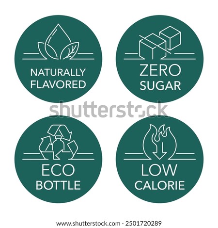 Drink labeling icons set - Naturally flavored, Zero sugar, Low calorie, Eco-friendly bottle. Pictograms in thin line and circle shapes