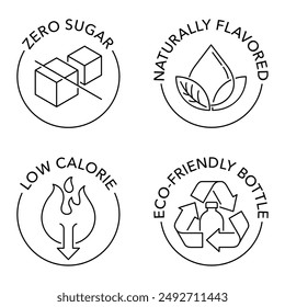 Drink labeling icons set - Zero sugar, Naturally flavored, Low calorie, Eco-friendly bottle. Pictograms in thin line